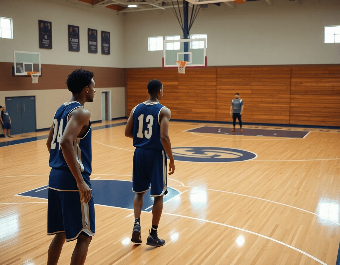 Two players near baseline for an inbound play on the hardwood basketball court; basketball coaching playbook pdf nearby.