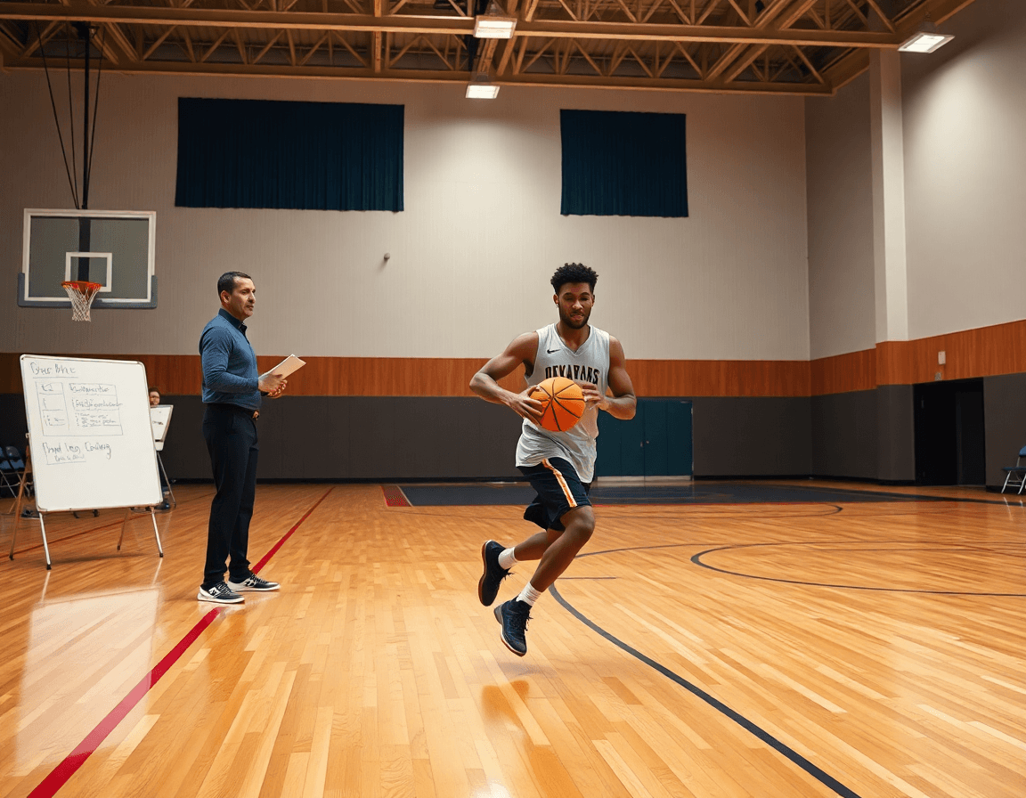 Close-up of a basketball drill on the hardwood court with a coach and basketball coaching software.