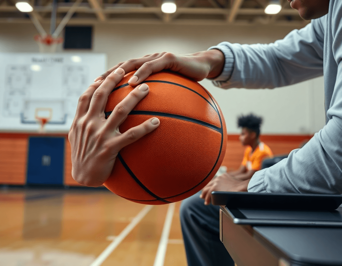 Close-up on hands gripping a basketball while the coach points to a whiteboard for basketball coaching software.