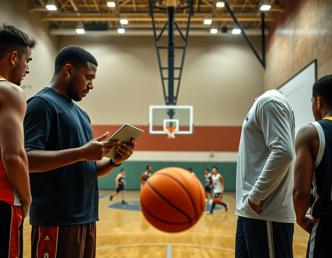 Two players review scouting clips on a tablet as a coach explains basketball coaching software ideas.