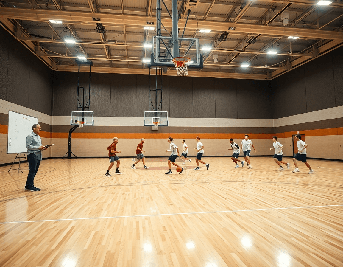 Wide basketball practice on a hardwood court, a coach guiding players via basketball coaching software concepts.