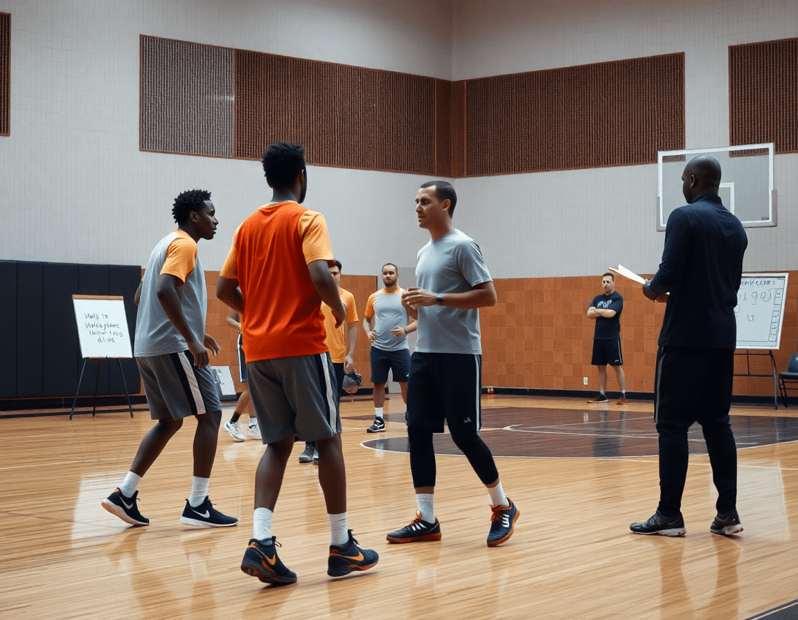 Tight shot of a basketball drill underway on a hardwood court with a coach and clipboard.