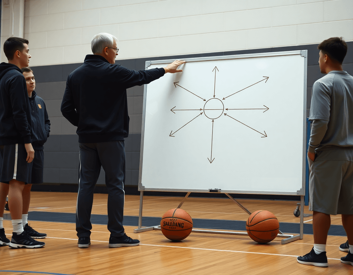 Coach beside whiteboard outlines basketball plays as players watch during a gym session.