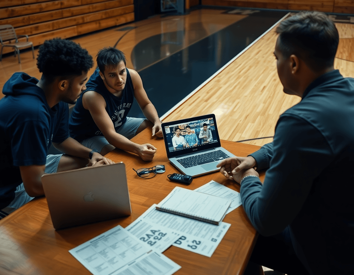 Players study basketball clips on a laptop while coach discusses scouting notes.