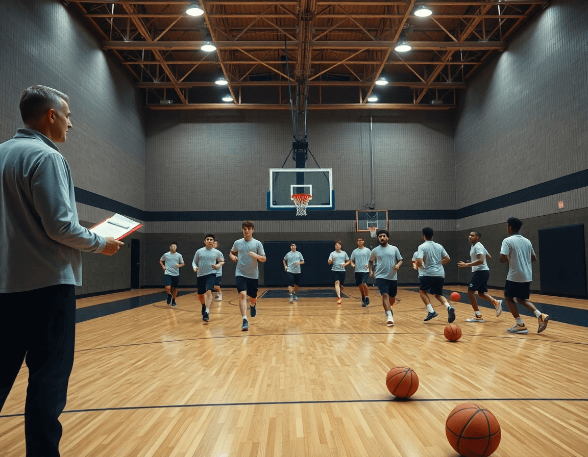 Wide-angle basketball gym scene showing a coach guiding a team with basketball coaching tools.