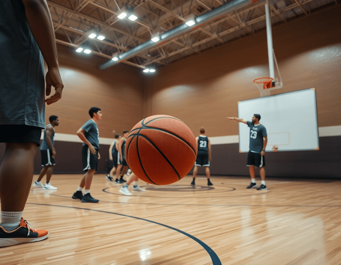 Basketball court blueprint drill shown in a close-up on hardwood basketball court, with coach guiding players.
