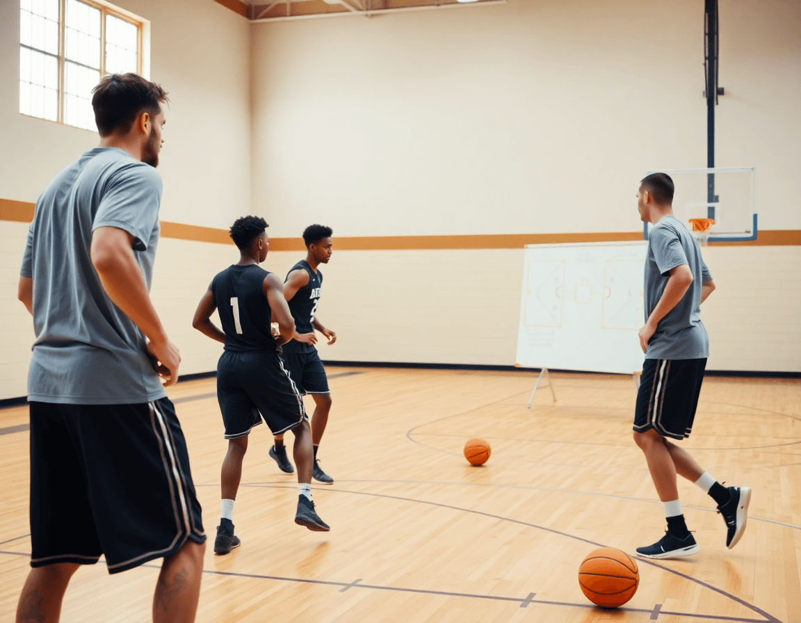 Basketball court blueprint spacing drill with coach directing players on hardwood during practice.