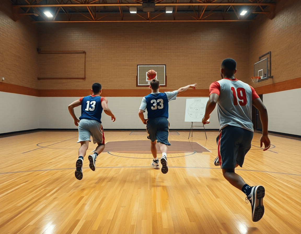Basketball court blueprint spacing drill with coach directing players on hardwood during practice.