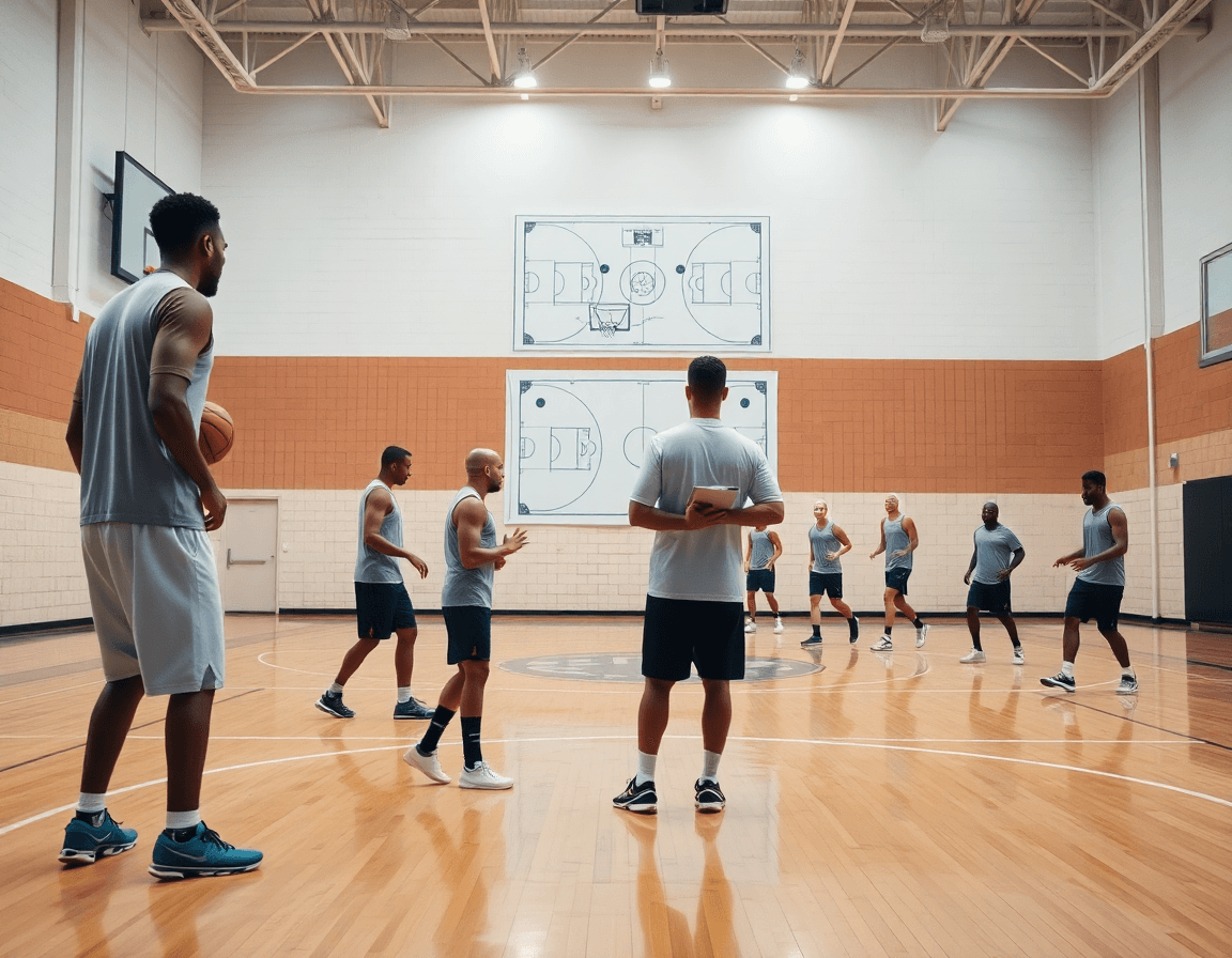 Basketball court blueprint wide-angle scene with coach and players on hardwood basketball court.