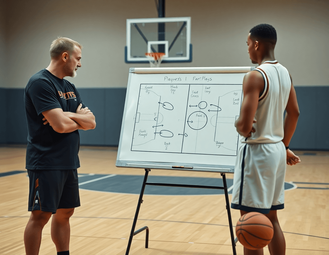 Close-up of a basketball coach sketching a basketball court plan for plays on a whiteboard.