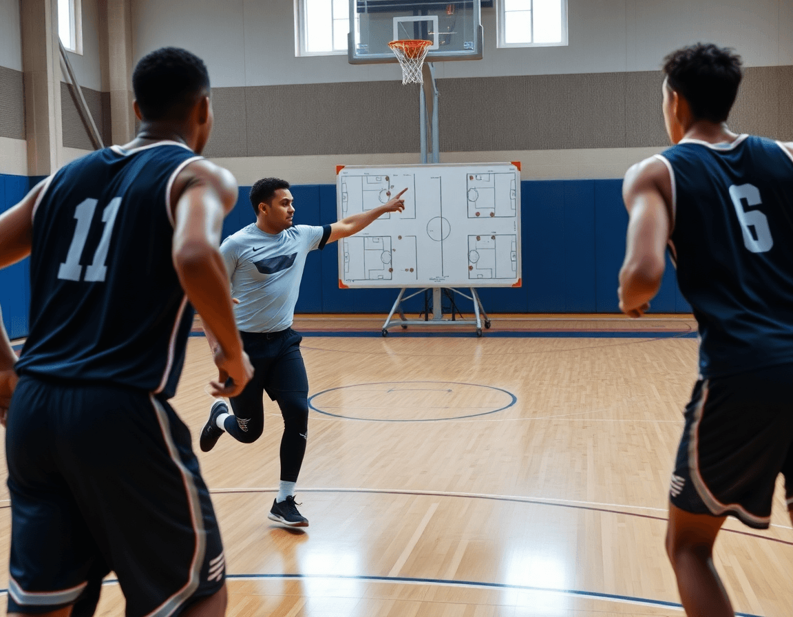 Two players sprint through a basketball drill as the coach points to a basketball court plan for plays.