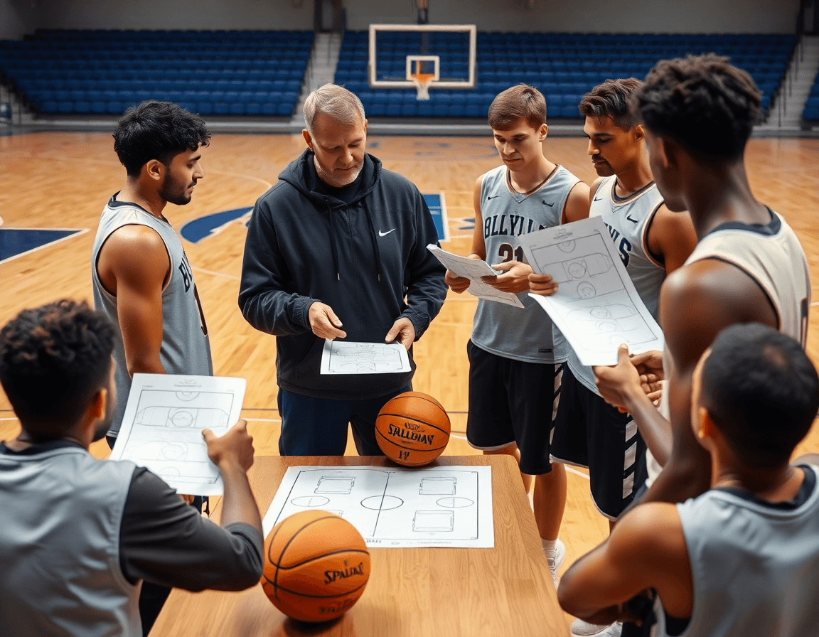 Coach distributes laminated basketball court plan for plays as players review the weekly basketball setup.