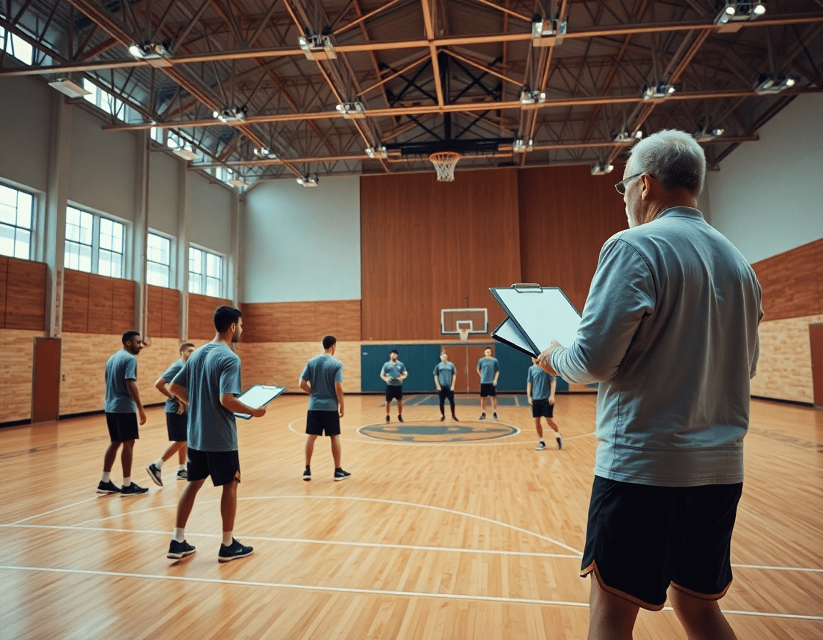 Wide view of basketball court plan for plays as basketball coach guides practice.