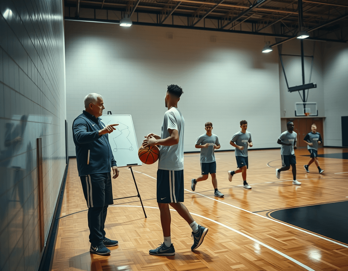 Close view of a basketball coach and player at the sideline studying a whiteboard on a basketball court.