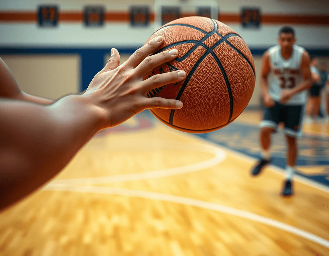 Close-up on hands gripping a basketball during a quick passing drill on hardwood, with a basketball in motion.