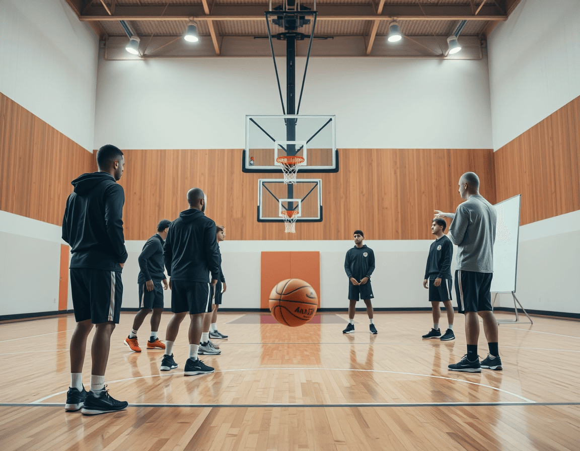 Wide shot of basketball court sticker for whiteboard ideas coming to life during basketball practice.