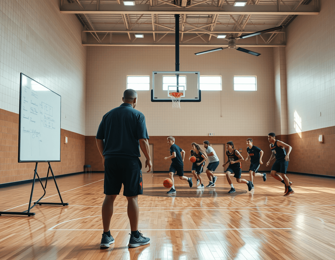 Close-up of a basketball daily routine: hands passing, a coach pointing to a whiteboard.
