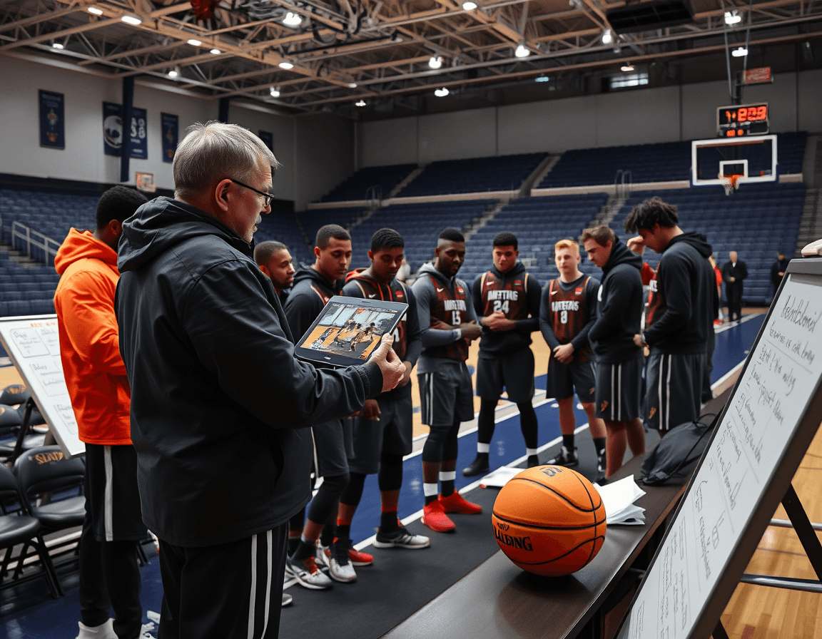 Coach reviews basketball daily routine footage on a tablet as players study clips on court.