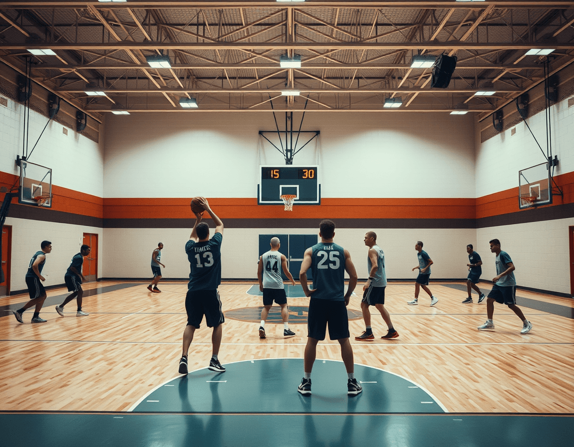 A basketball daily routine unfolds as players rotate through stations while the coach times each drill.