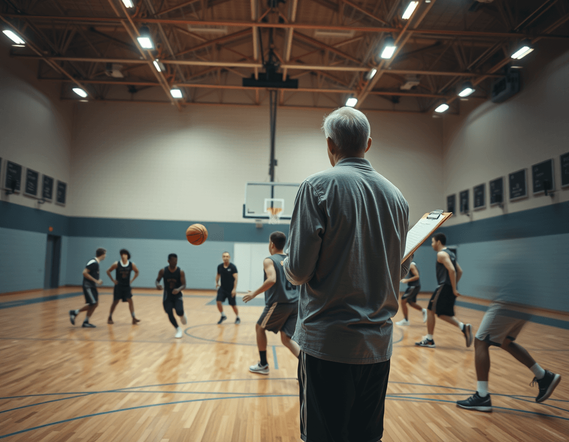 Wide shot captures a basketball daily routine in a gym, coach directing players near the hoop.
