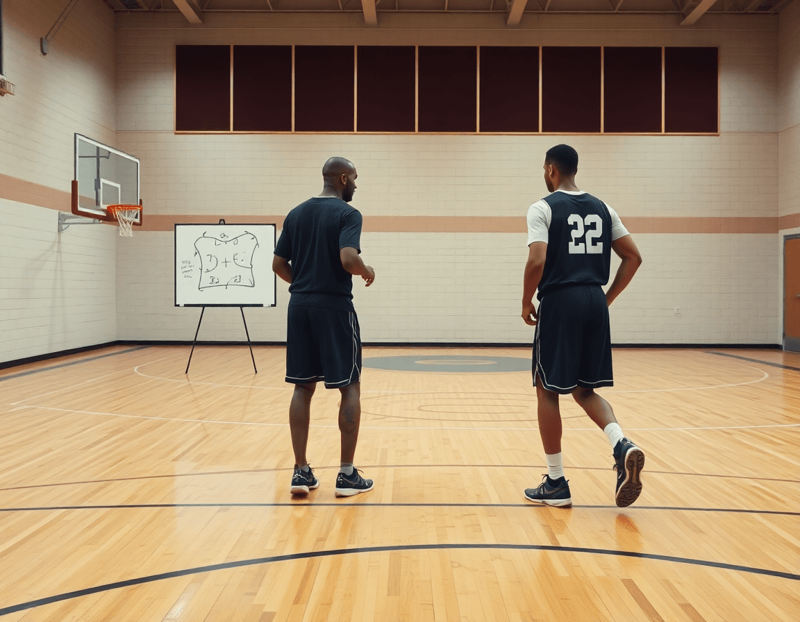 Tight shot of a coach guiding basketball defense drills by yourself using a whiteboard.
