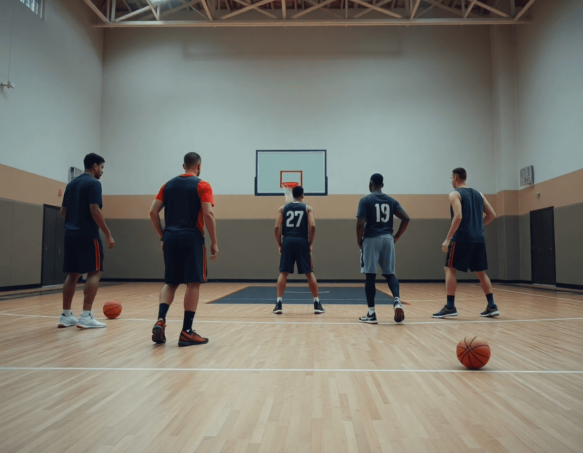Wide shot of basketball defense drills by yourself as a coach guides players in a gym.