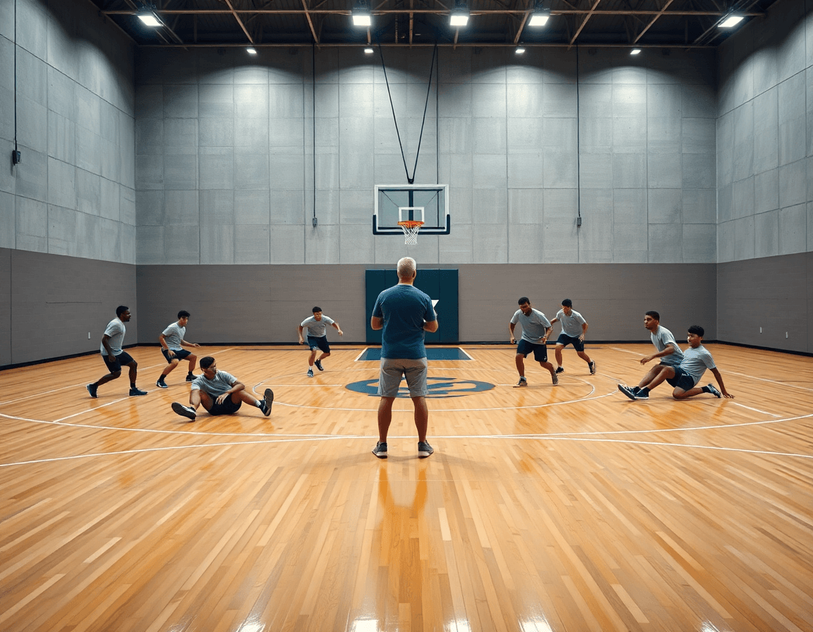 Wide gym scene of coach guiding basketball drills for defense on a wooden court.