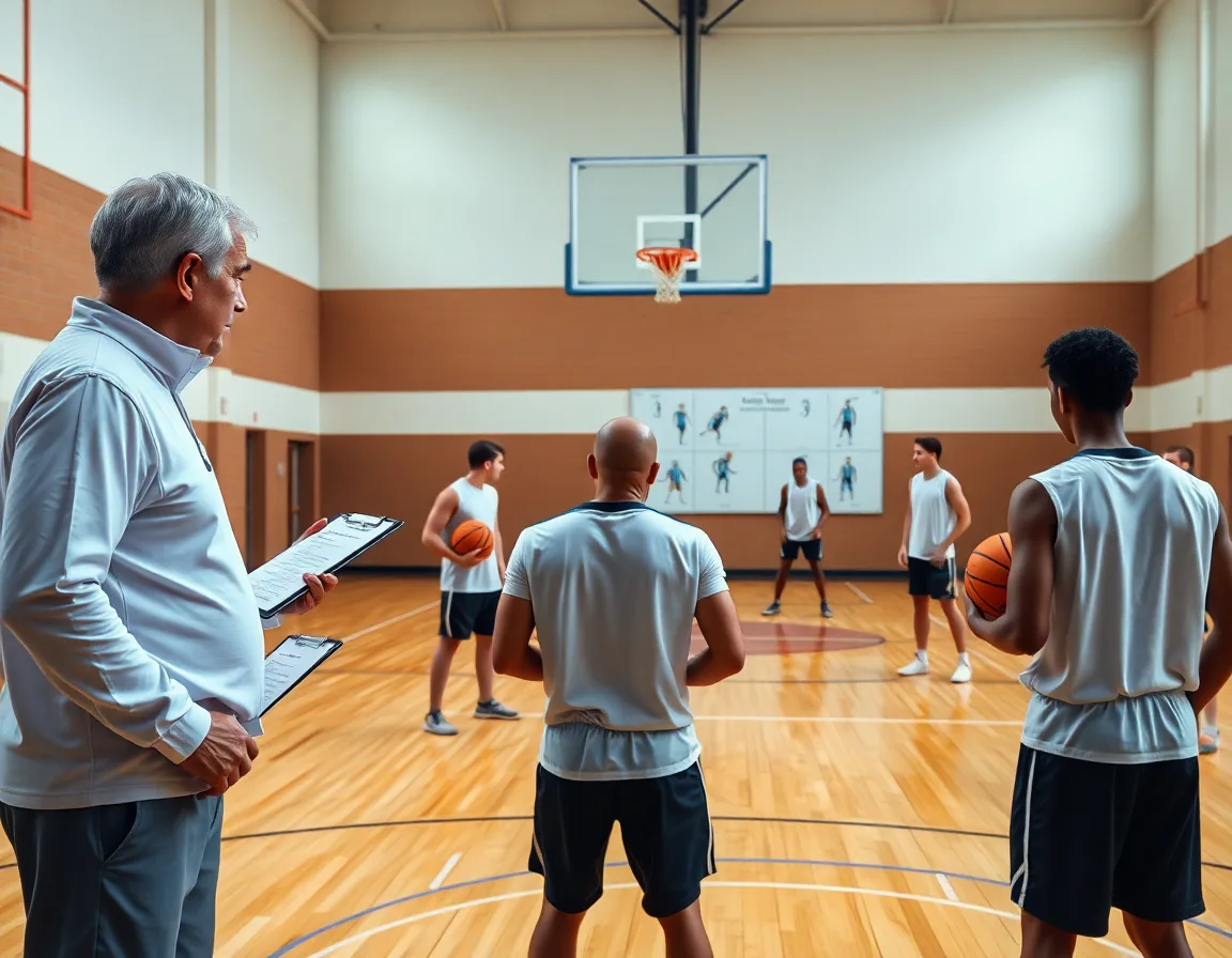Coach outlines basketball defense positions while players hold orange basketballs on a bright hardwood court.