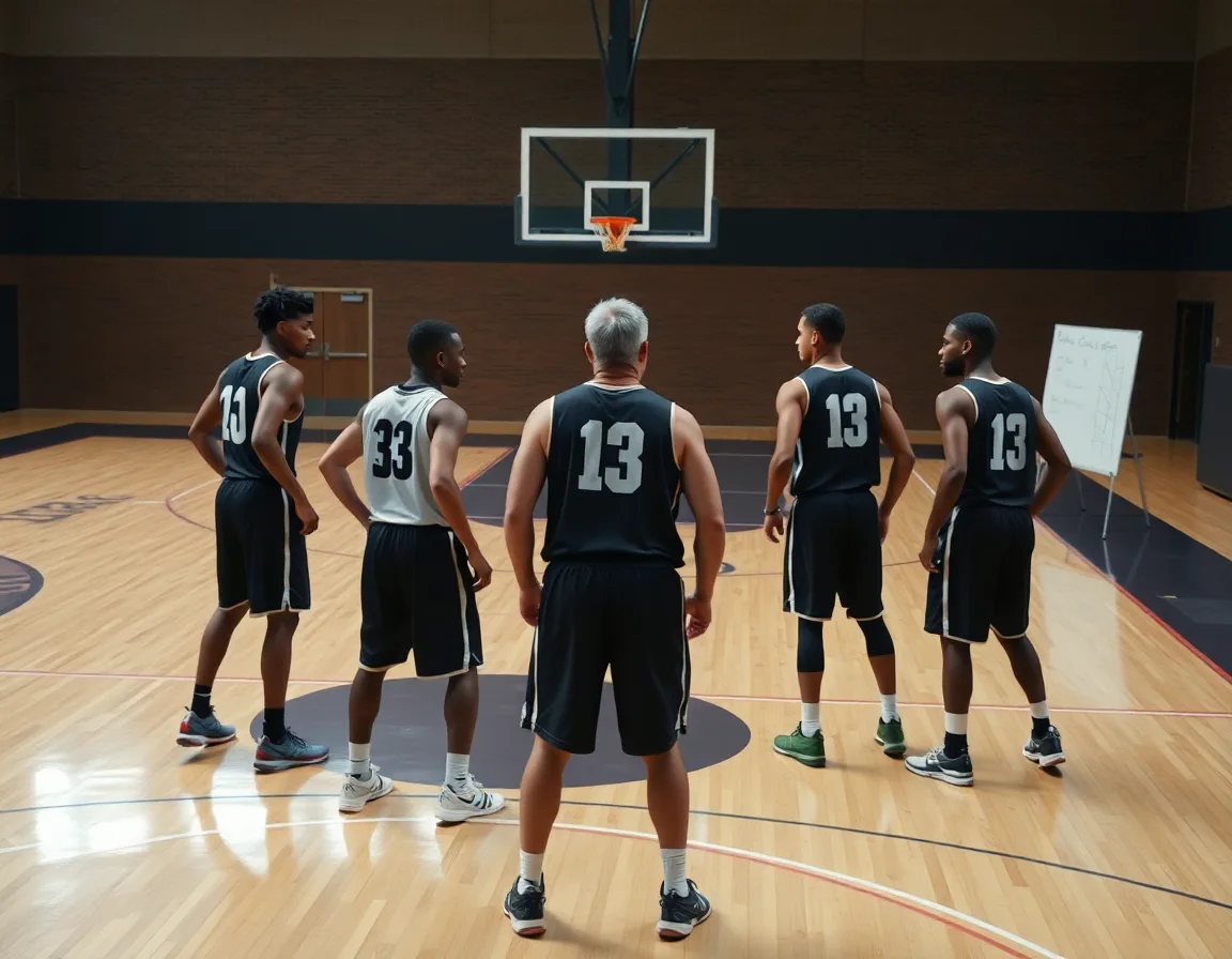 Five players guard on the hardwood in basketball defense positions as a coach directs rotations with a whiteboard.