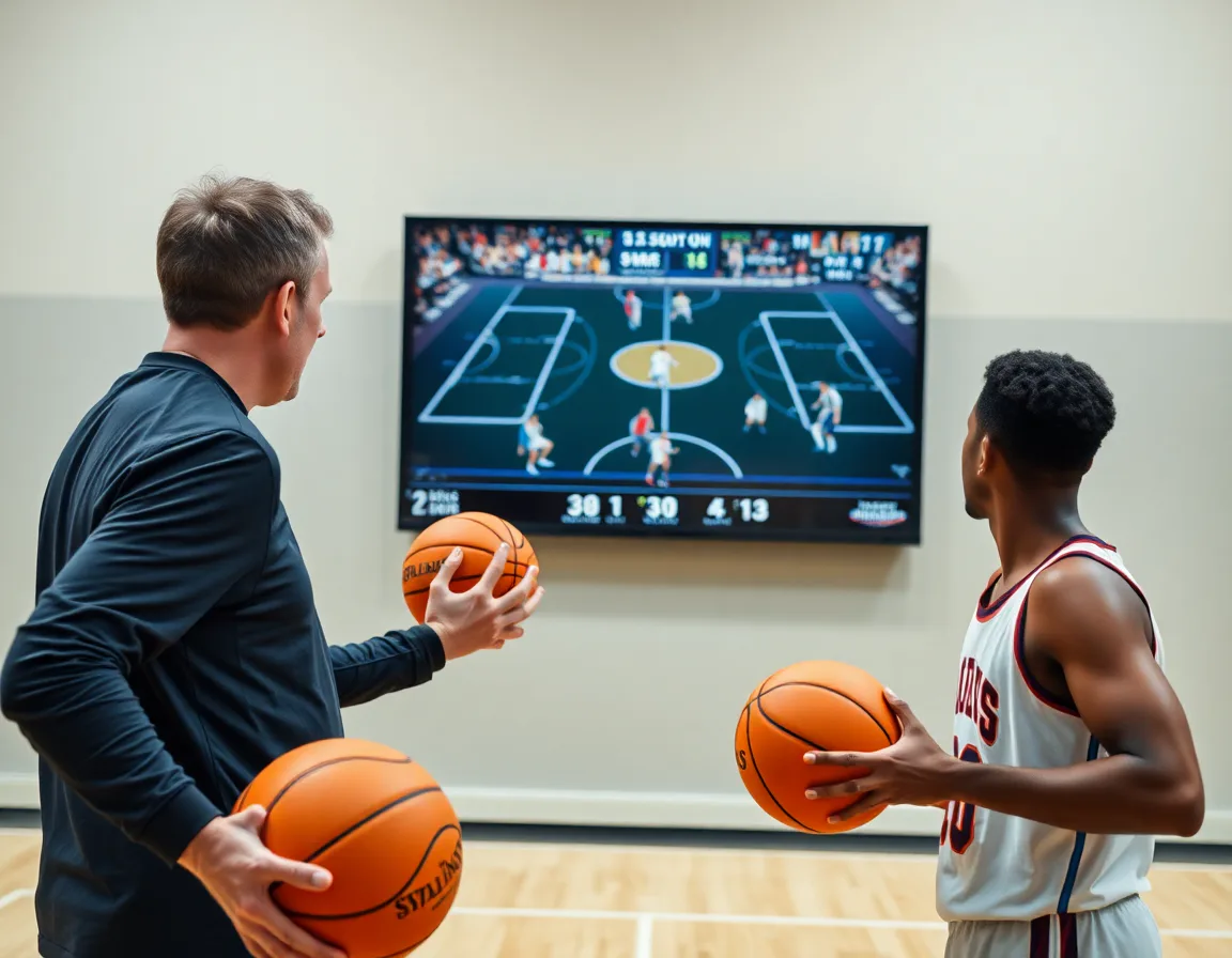 Coach shows basketball defense positions clips from scouting on a wall screen while players hold orange basketballs.