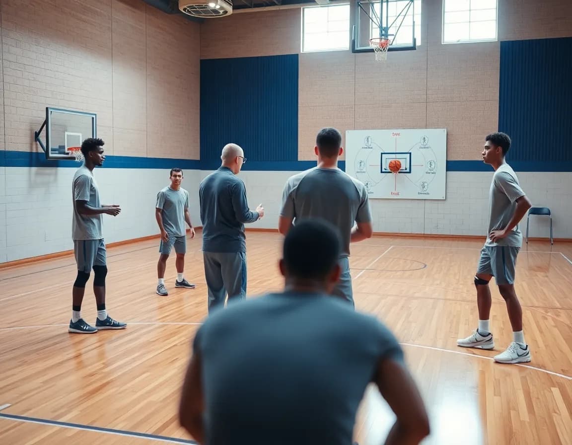 Coach diagrams basketball defense positions on a whiteboard during a gym basketball practice.