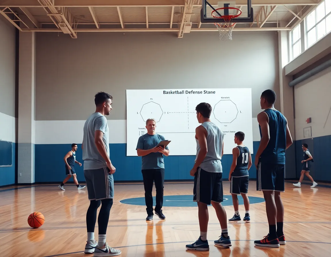 Coach explains basketball defense stance as players shuffle on the hardwood during practice.