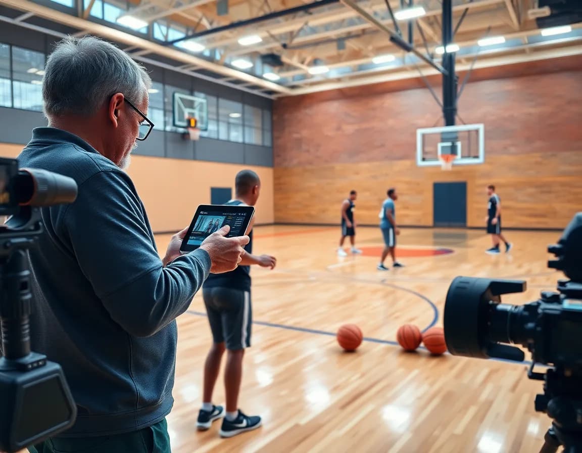 Coach uses video to refine basketball defense stance during practice drills today.