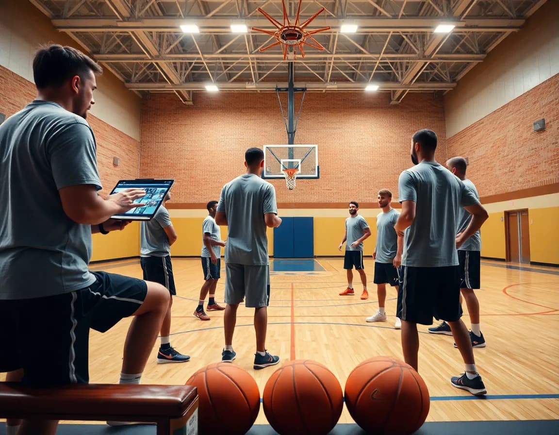 Wide gym scene shows basketball defense stance with coach and hoop in bright court lighting.