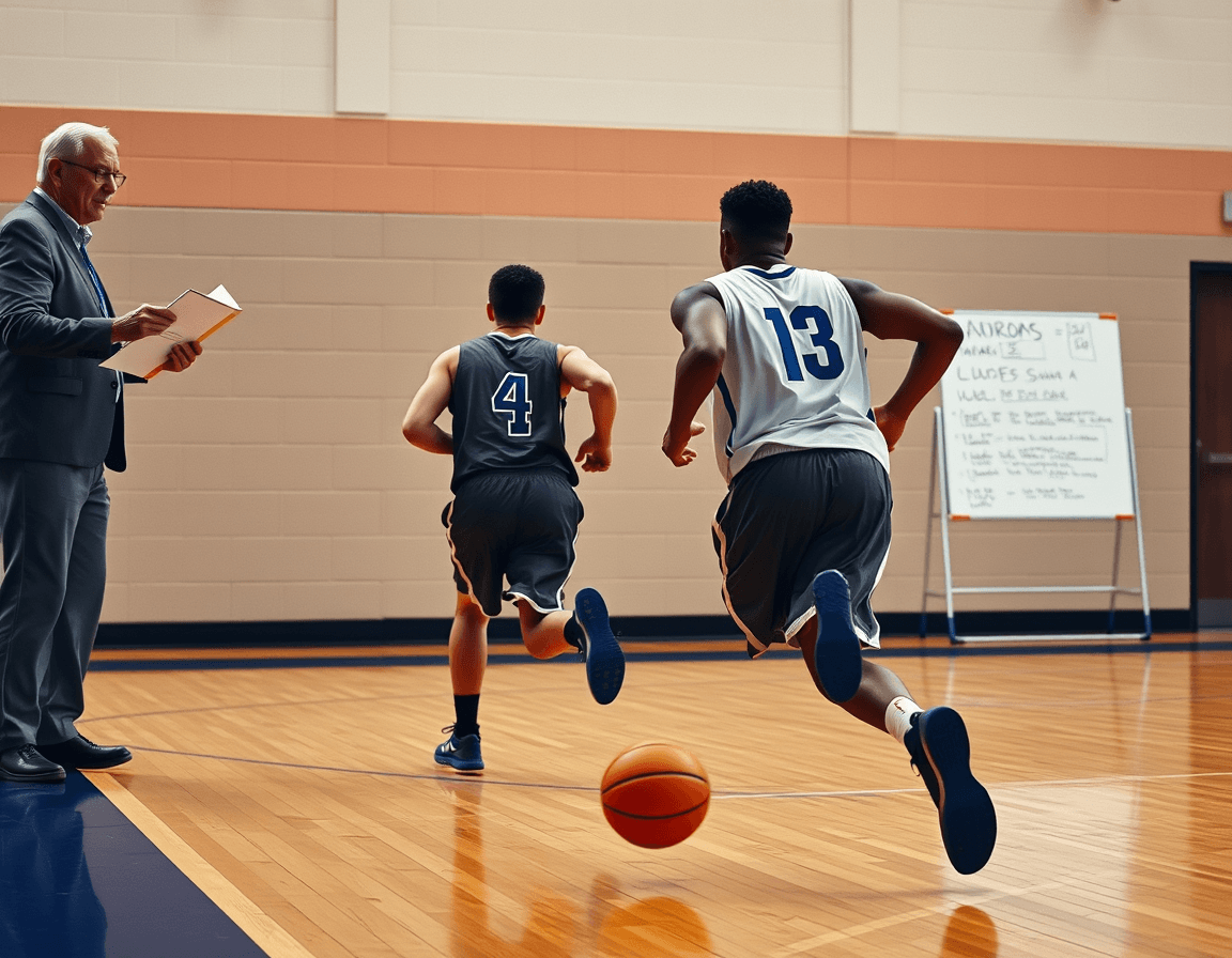Tight shot of basketball transition drill with coach guiding defense and offense in a gym.