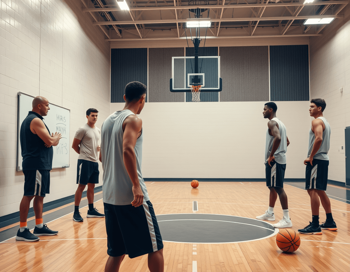 Five players in basketball training kits practice man-to-man vs zone defense near the key.