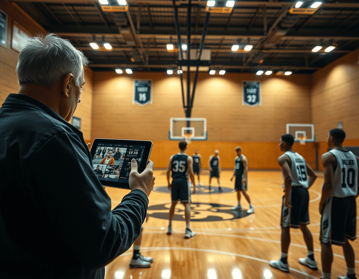 Close-up of coach reviewing basketball defensive plays pdf with players during practice.