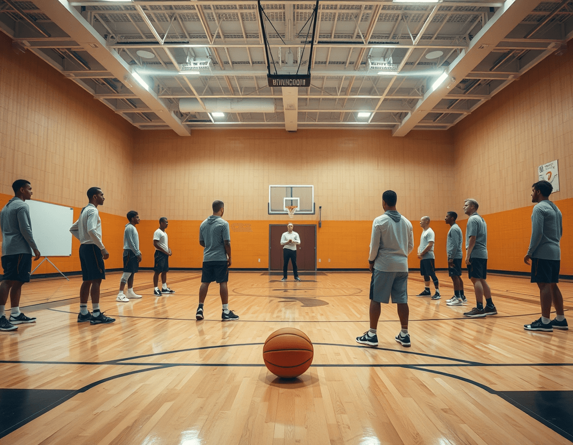 Wide gym scene showing basketball coach guiding players through basketball defensive plays pdf on a whiteboard.