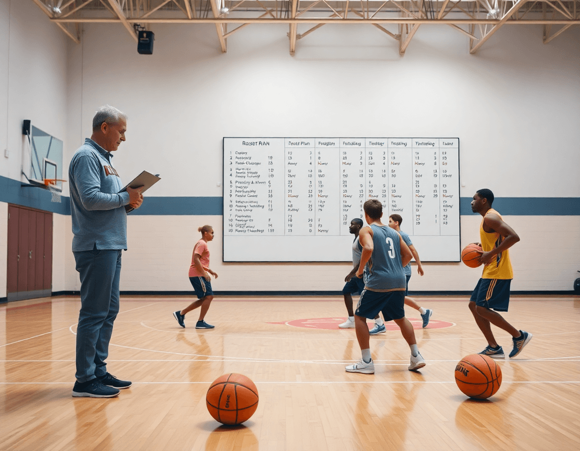 Wide-angle view of a basketball gym where a coach explains a basketball depth chart template to players.