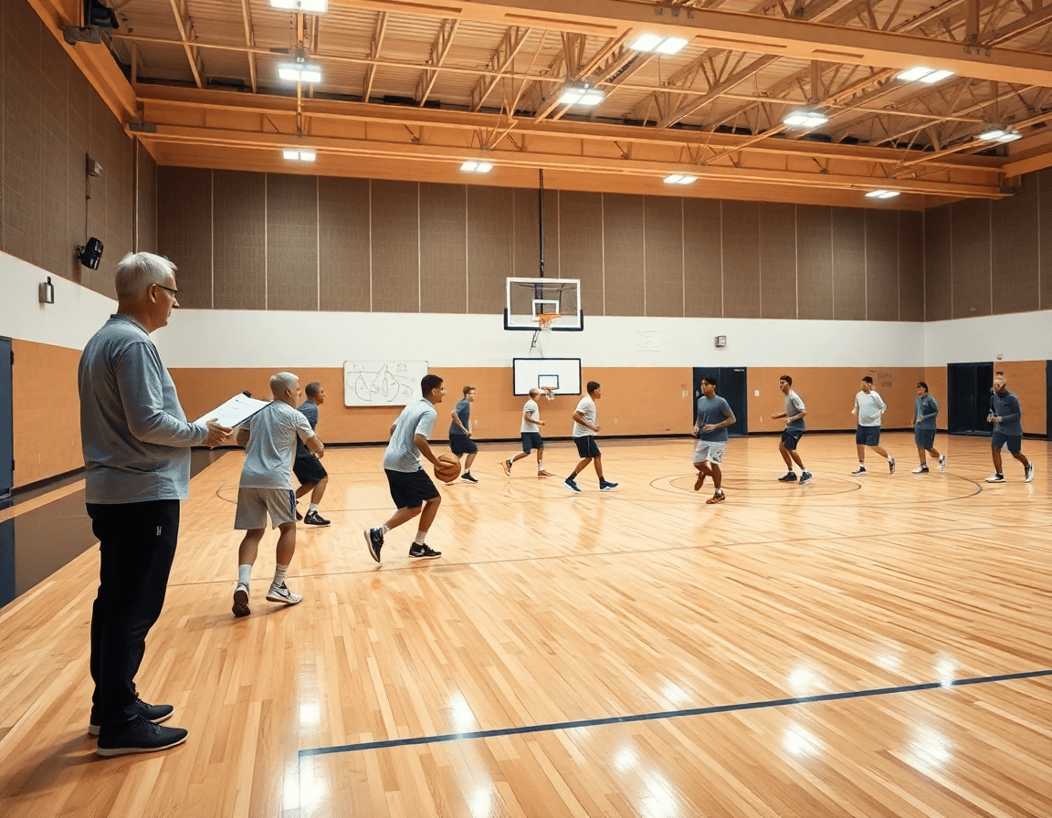 Wide-angle view of a basketball gym where a coach explains a basketball depth chart template to players.