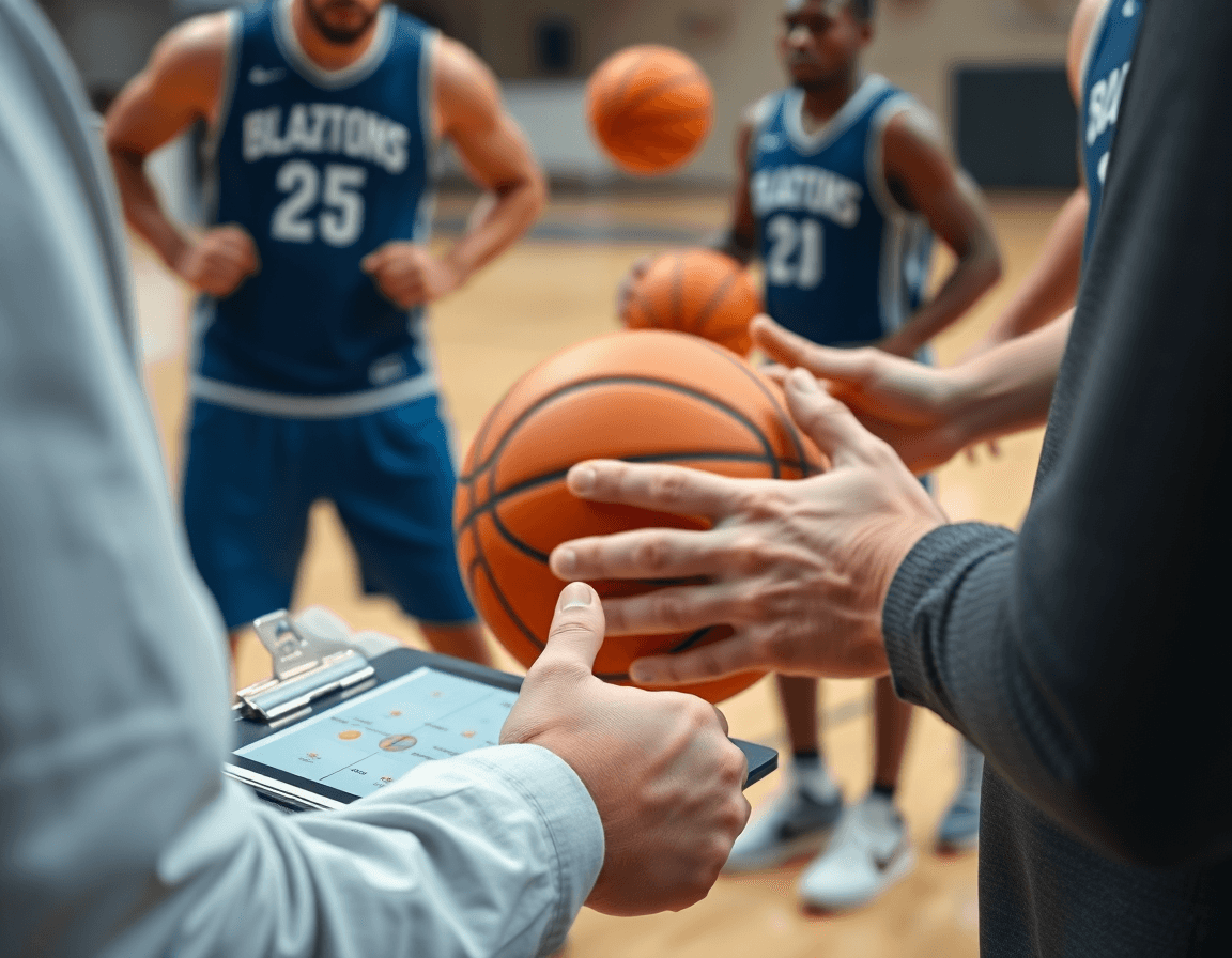 Close-up of a coach's hands guiding a fast basketball drill; a basketball diagram app guides players.