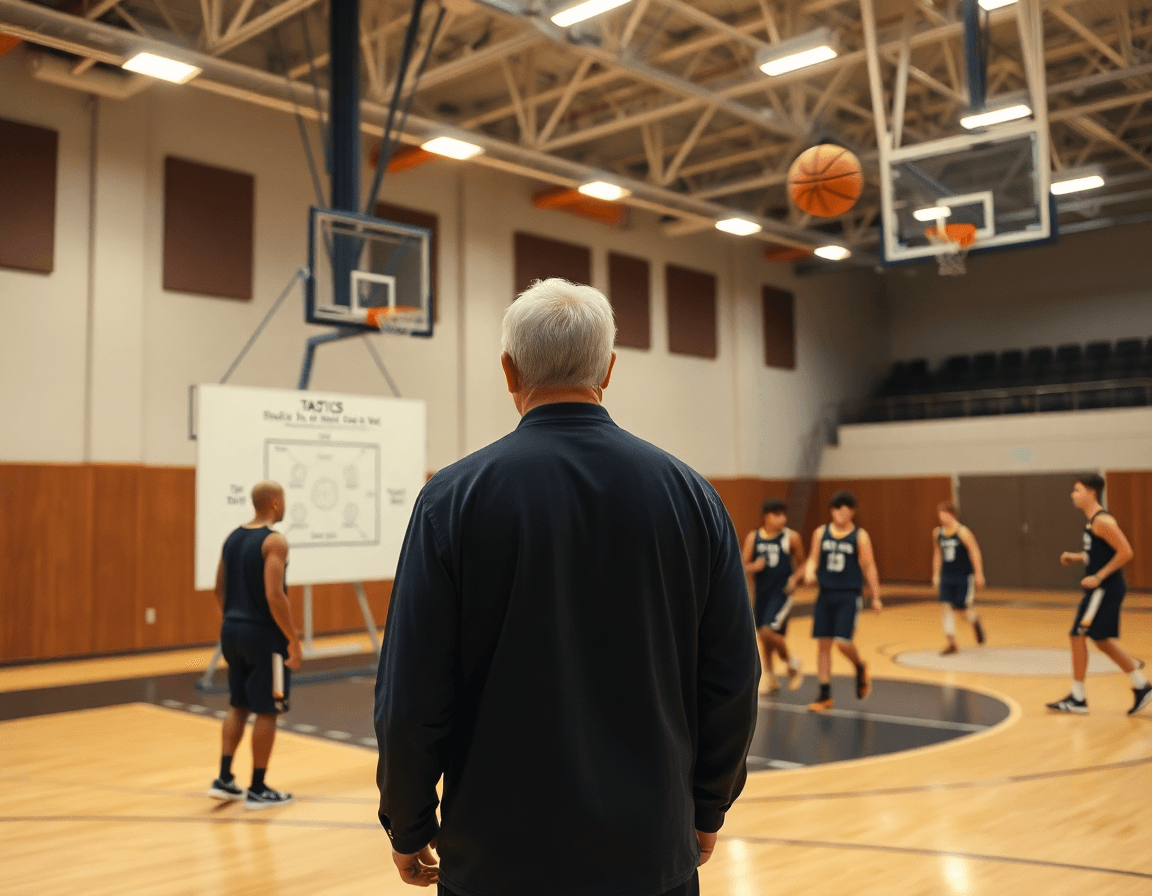 Coach gestures by a whiteboard; a basketball diagram app inspires players as they drill.