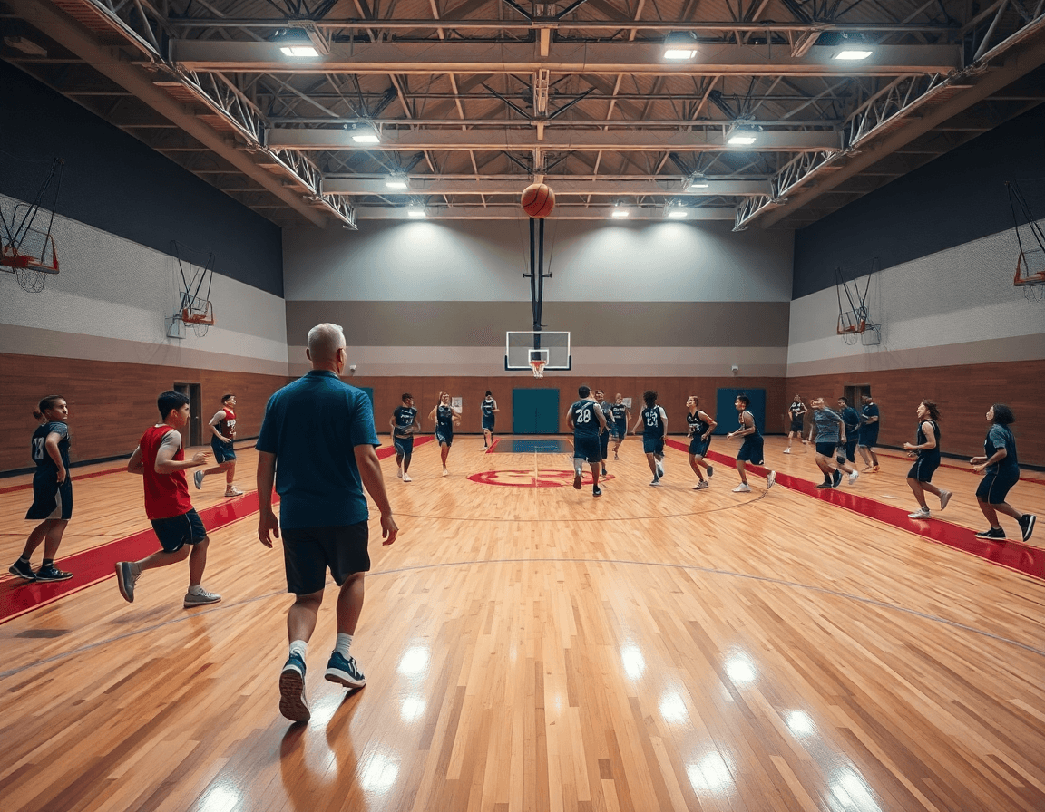 From sideline, coach directs a basketball diagram app-inspired scrimmage across the hardwood.