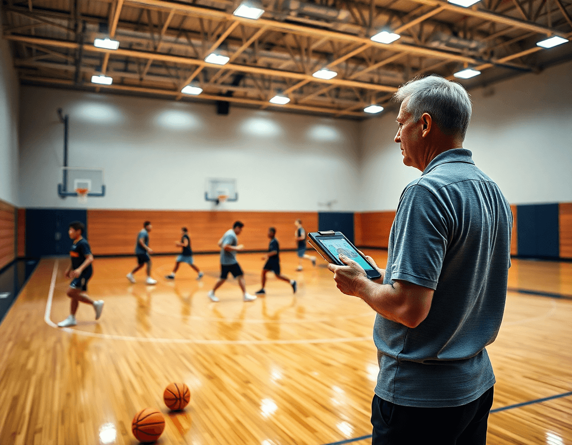 Wide basketball gym scene; coach uses a basketball diagram app on a tablet for players.