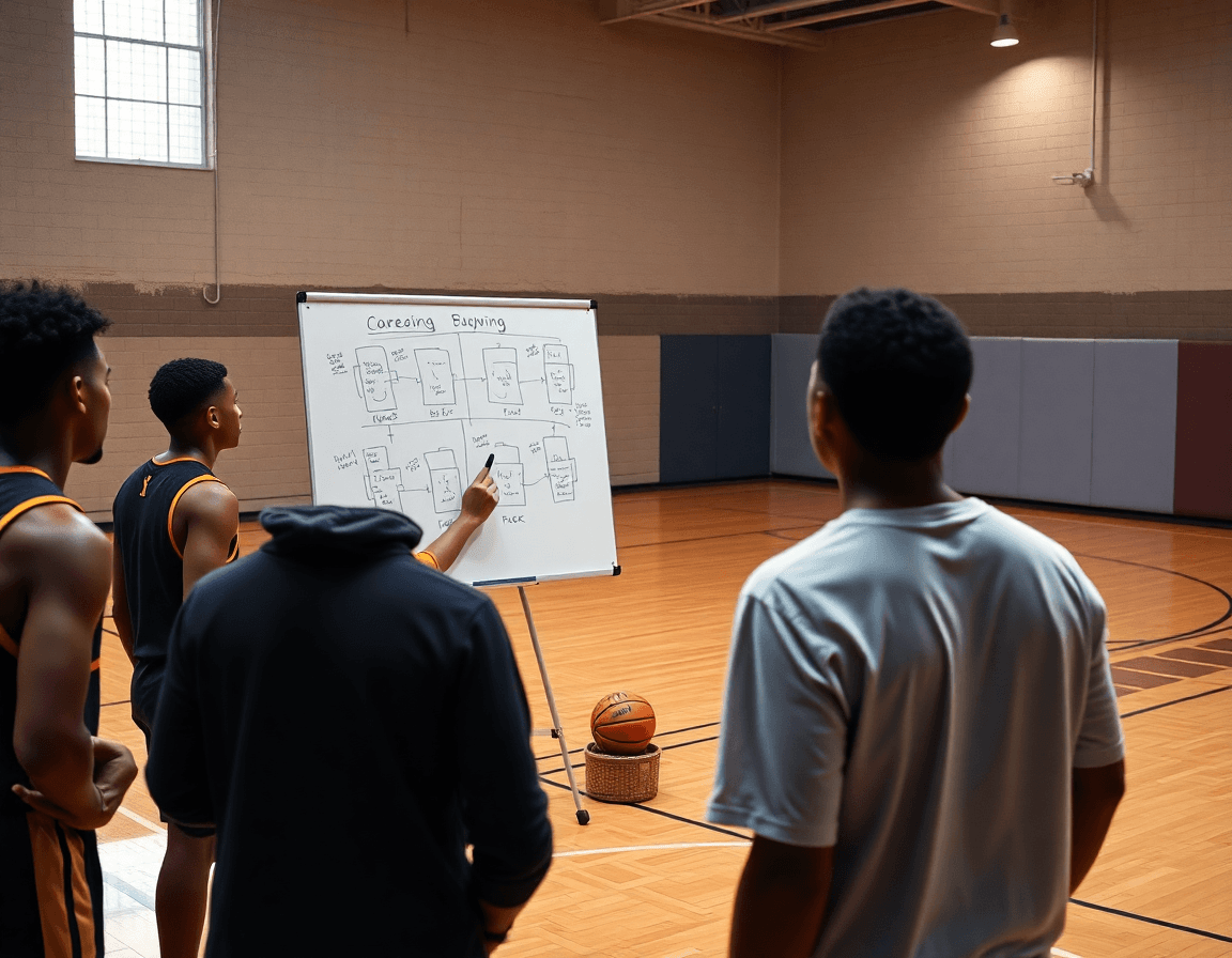 Coach sketches basketball dood plays on a whiteboard while players watch, near a full court.
