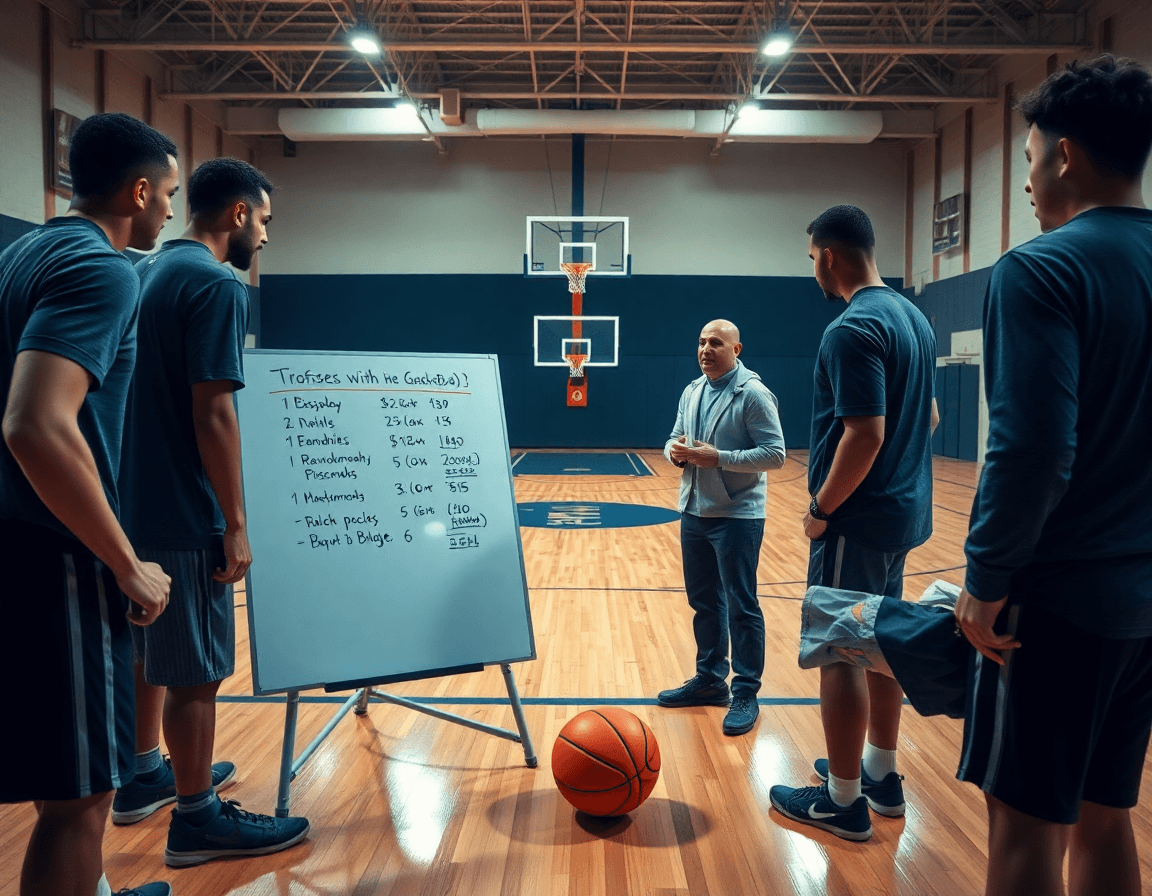 Players circle around a coach as basketball dood notes appear on a whiteboard beside the court.