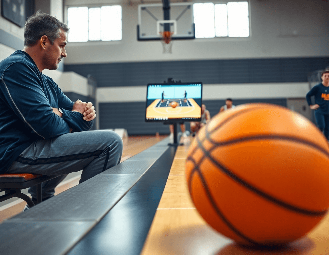 Coach and players view a laptop showing a basketball dood drill on the sideline, orange ball nearby.