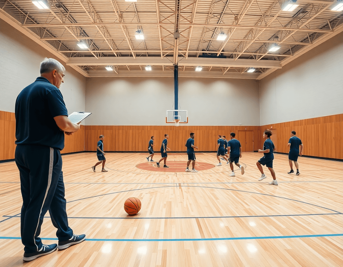 Wide basketball dood practice in a bright gym as a coach guides players through key moves.