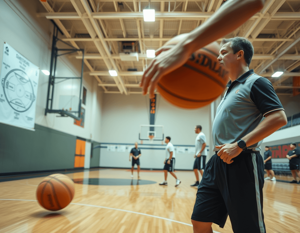 A close-up scene inspired by basketball dribbling workout pdf on a polished court with coach and players.