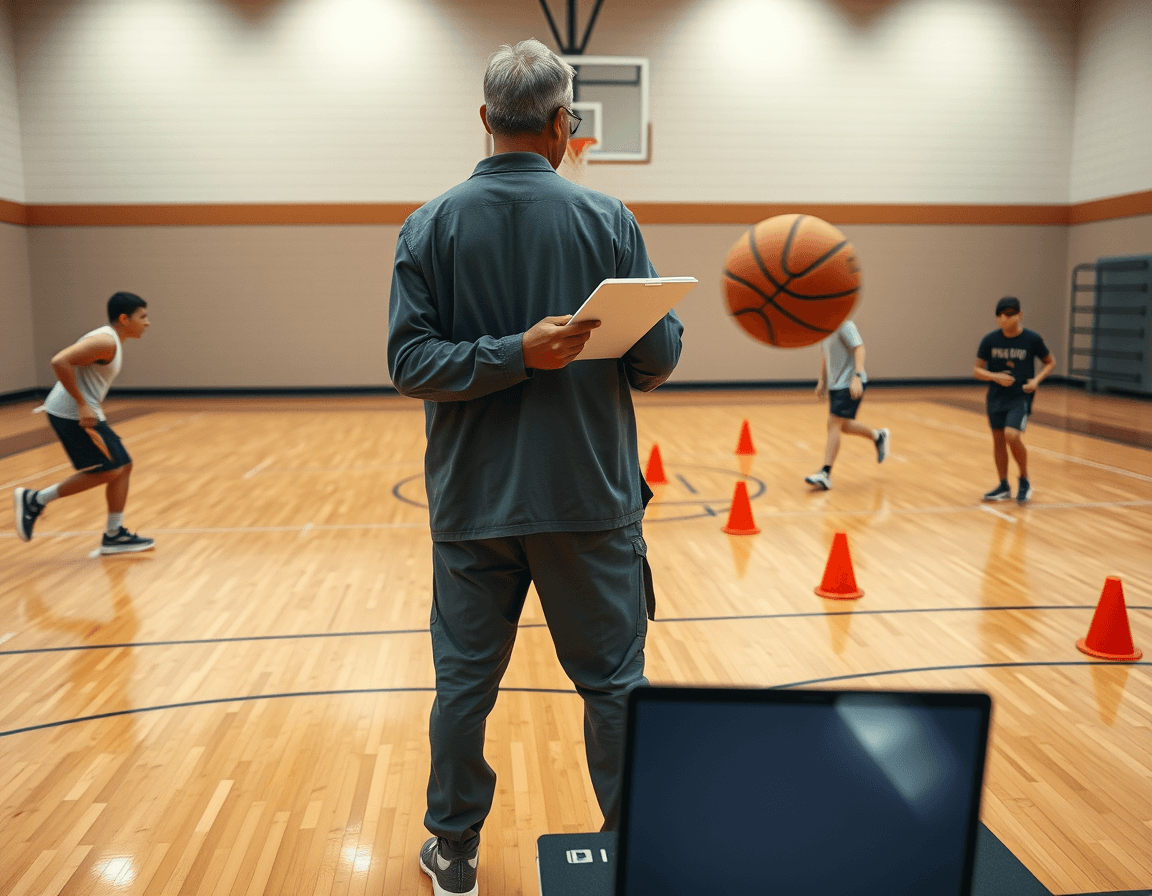 A close-up scene inspired by basketball dribbling workout pdf on a polished court with coach and players.